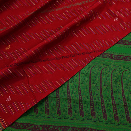 Indian Vintage Saree Pure Silk Sari Fabric: Red & Green Floral Print, 5-Yard Sewing Material Crafting Upcycle Quilting