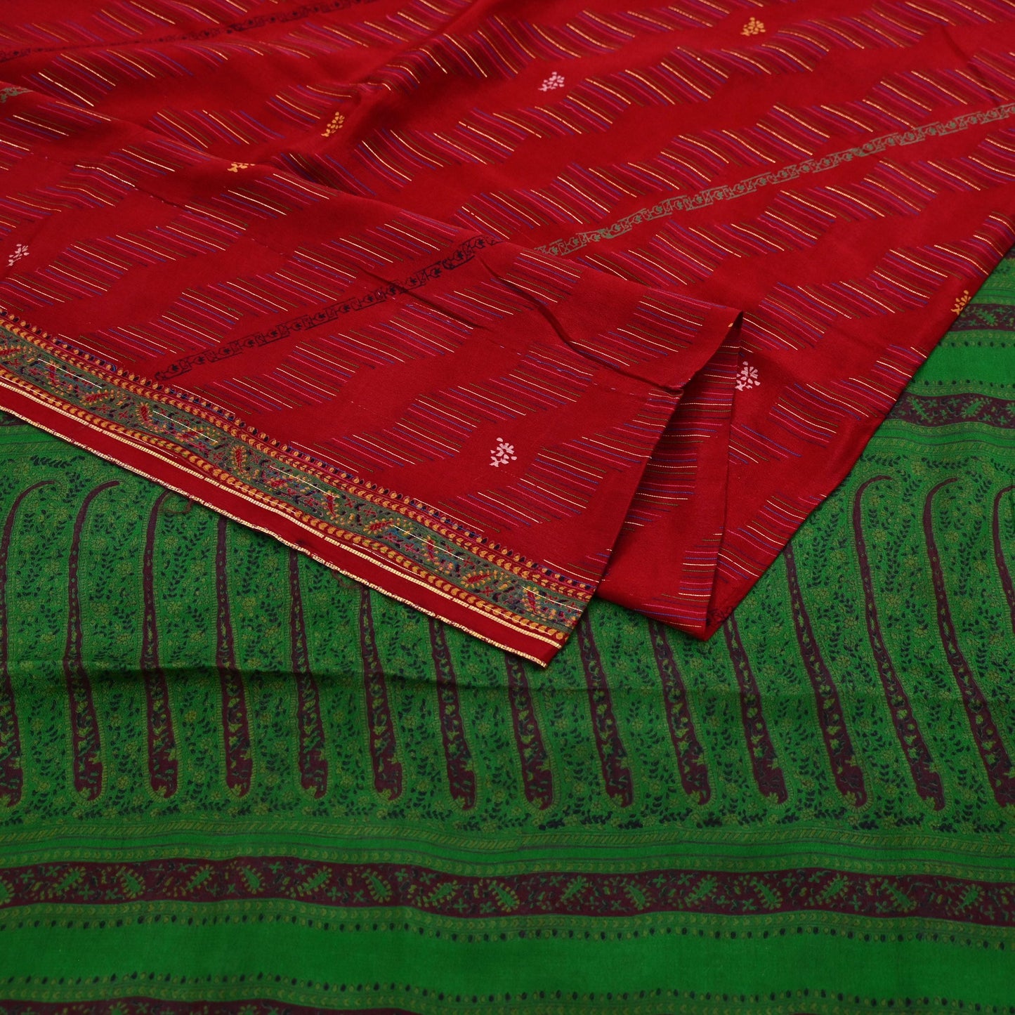 Indian Vintage Saree Pure Silk Sari Fabric: Red & Green Floral Print, 5-Yard Sewing Material Crafting Upcycle Quilting