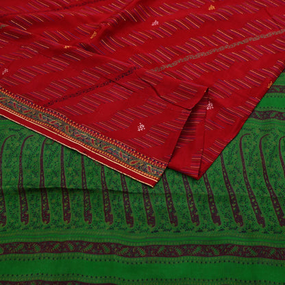 Indian Vintage Saree Pure Silk Sari Fabric: Red & Green Floral Print, 5-Yard Sewing Material Crafting Upcycle Quilting