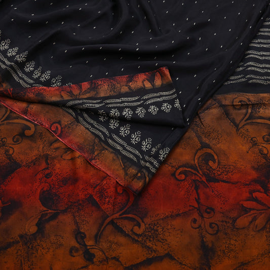 Vintage Sari Black Pure Silk Printed Saree Craft Fabric 5yard Sewing Floral Soft Dress Designing for Crafting Upcycle Quilting