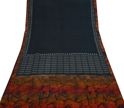 Vintage Sari Black Pure Silk Printed Saree Craft Fabric 5yard Sewing Floral Soft Dress Designing for Crafting Upcycle Quilting