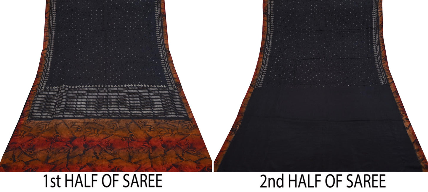 Vintage Sari Black Pure Silk Printed Saree Craft Fabric 5yard Sewing Floral Soft Dress Designing for Crafting Upcycle Quilting
