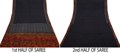 Vintage Sari Black Pure Silk Printed Saree Craft Fabric 5yard Sewing Floral Soft Dress Designing for Crafting Upcycle Quilting