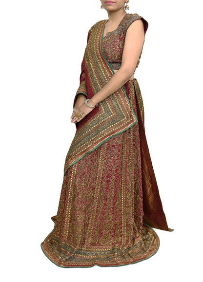 Indian Maroon Pure Silk Ritu Kumar Lehenga 3pcs Set Hand Embroidered Bridal Outfit  Designer Bollywood Party Wear Ethnic Dress