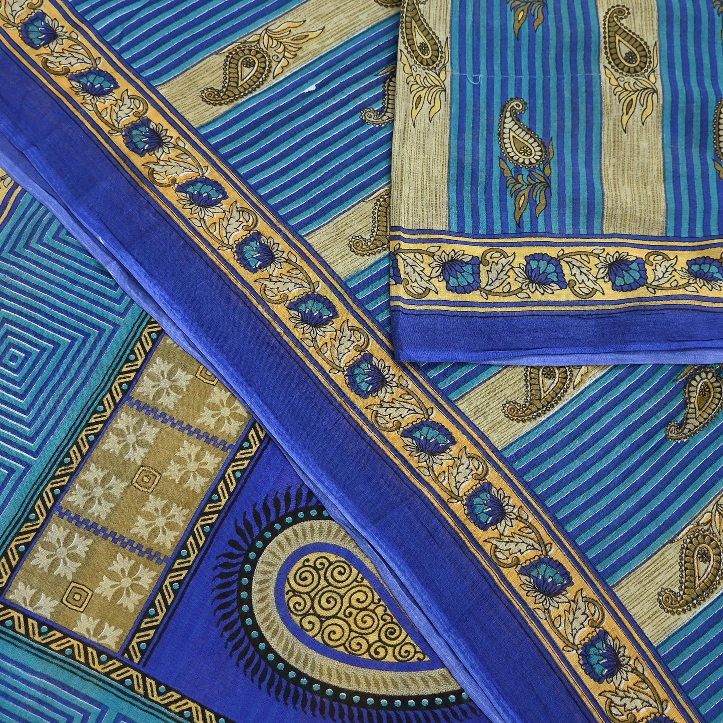 Indian Vintage Sari Blue Printed Pure Cotton Sarees 5Yd Craft Fabric Soft Sewing Sarong Wrap Boho Upcycle quilting Dress making