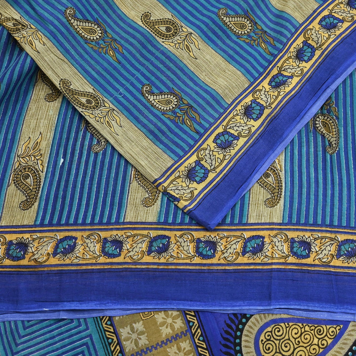Indian Vintage Sari Blue Printed Pure Cotton Sarees 5Yd Craft Fabric Soft Sewing Sarong Wrap Boho Upcycle quilting Dress making