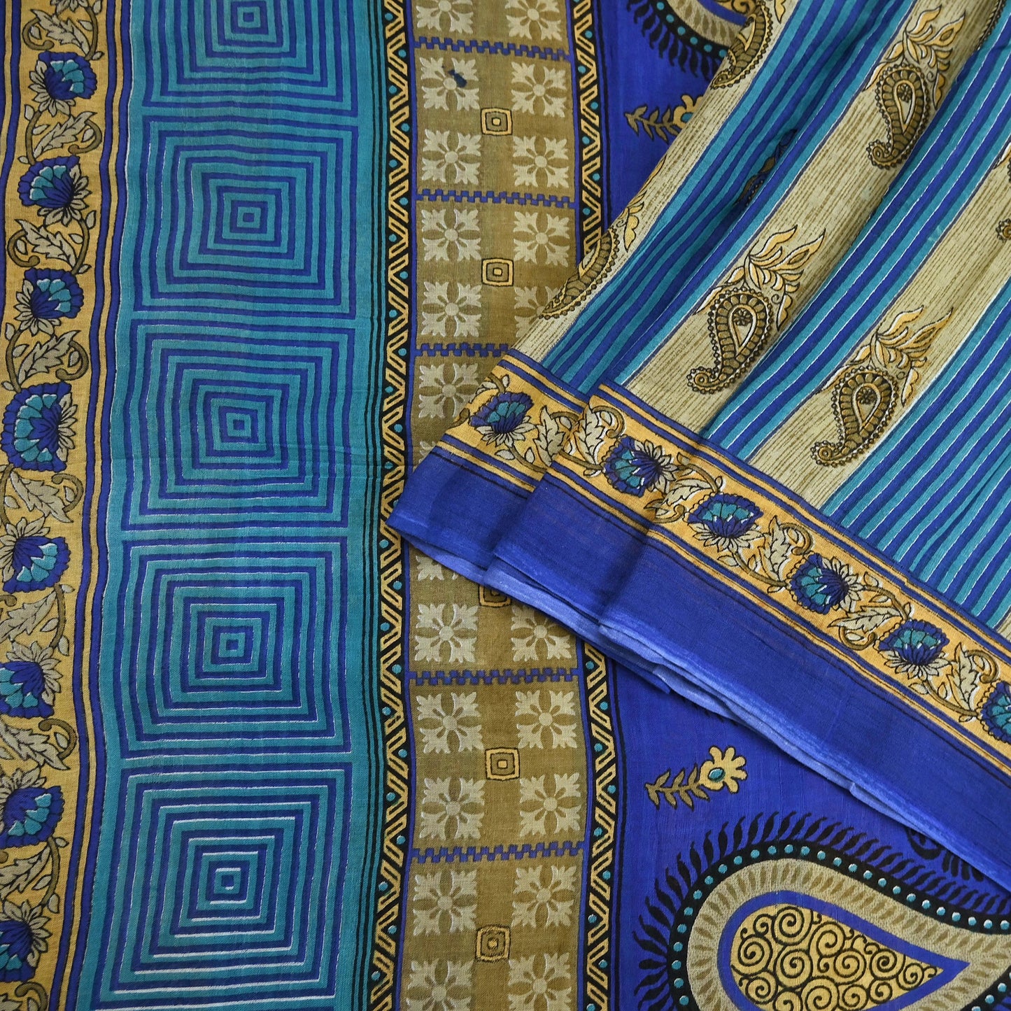 Indian Vintage Sari Blue Printed Pure Cotton Sarees 5Yd Craft Fabric Soft Sewing Sarong Wrap Boho Upcycle quilting Dress making