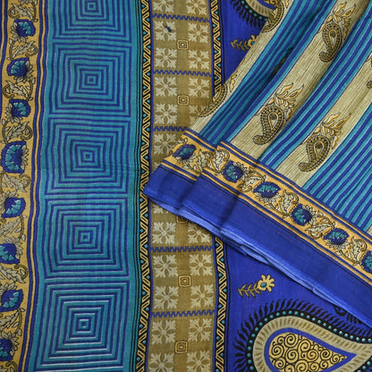 Indian Vintage Sari Blue Printed Pure Cotton Sarees 5Yd Craft Fabric Soft Sewing Sarong Wrap Boho Upcycle quilting Dress making