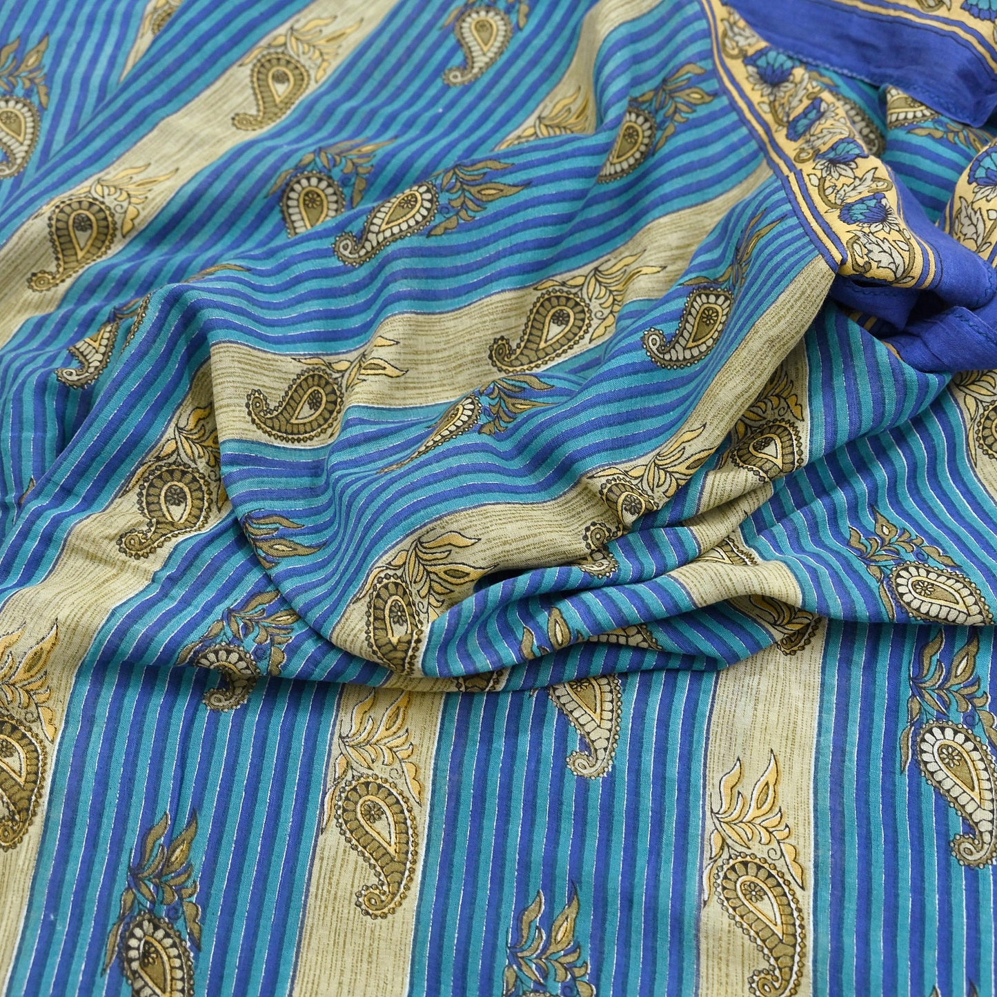 Indian Vintage Sari Blue Printed Pure Cotton Sarees 5Yd Craft Fabric Soft Sewing Sarong Wrap Boho Upcycle quilting Dress making
