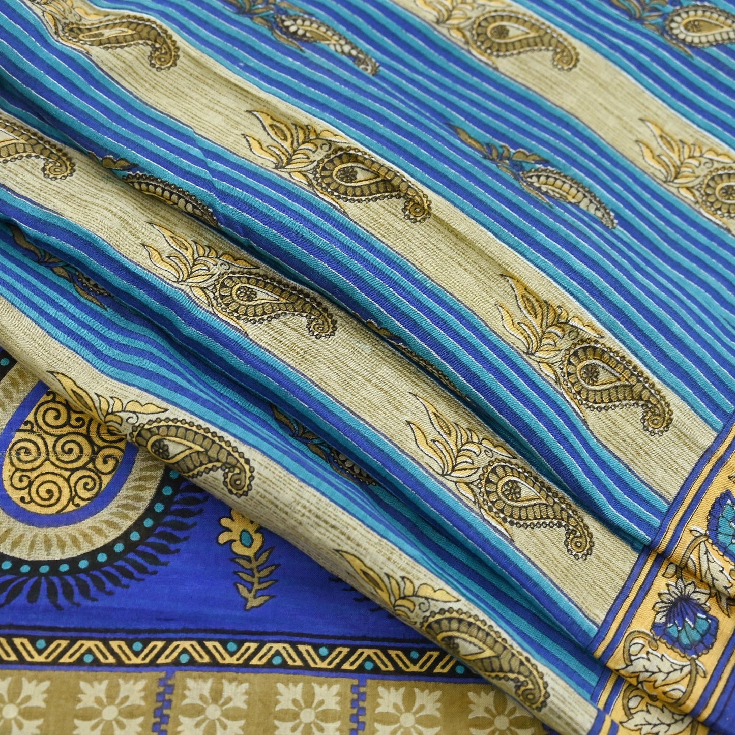 Indian Vintage Sari Blue Printed Pure Cotton Sarees 5Yd Craft Fabric Soft Sewing Sarong Wrap Boho Upcycle quilting Dress making