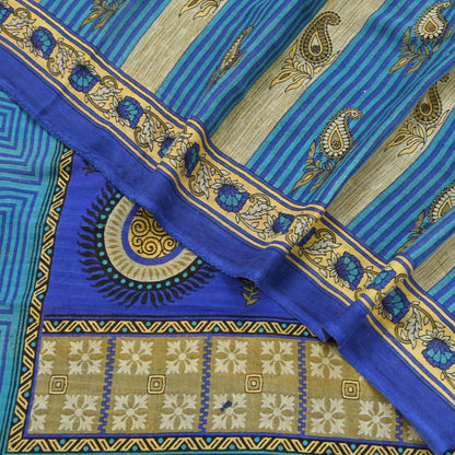 Indian Vintage Sari Blue Printed Pure Cotton Sarees 5Yd Craft Fabric Soft Sewing Sarong Wrap Boho Upcycle quilting Dress making