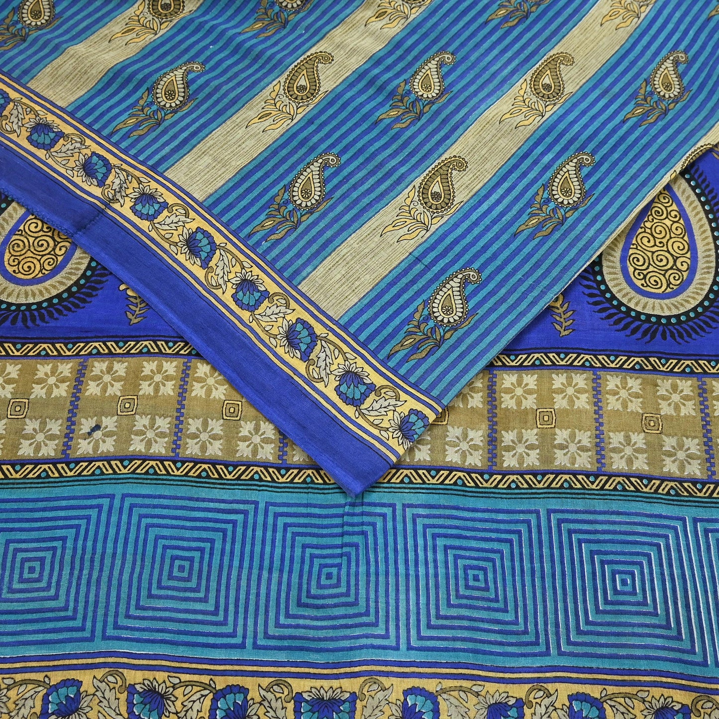 Indian Vintage Sari Blue Printed Pure Cotton Sarees 5Yd Craft Fabric Soft Sewing Sarong Wrap Boho Upcycle quilting Dress making