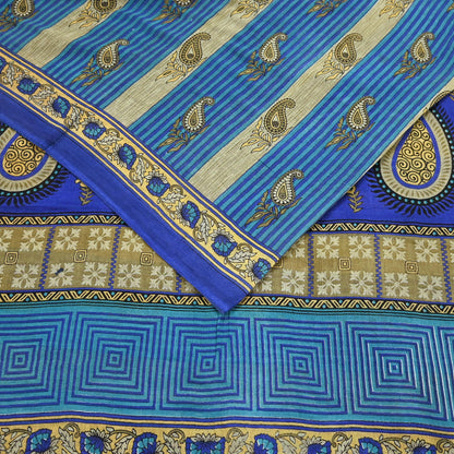 Indian Vintage Sari Blue Printed Pure Cotton Sarees 5Yd Craft Fabric Soft Sewing Sarong Wrap Boho Upcycle quilting Dress making