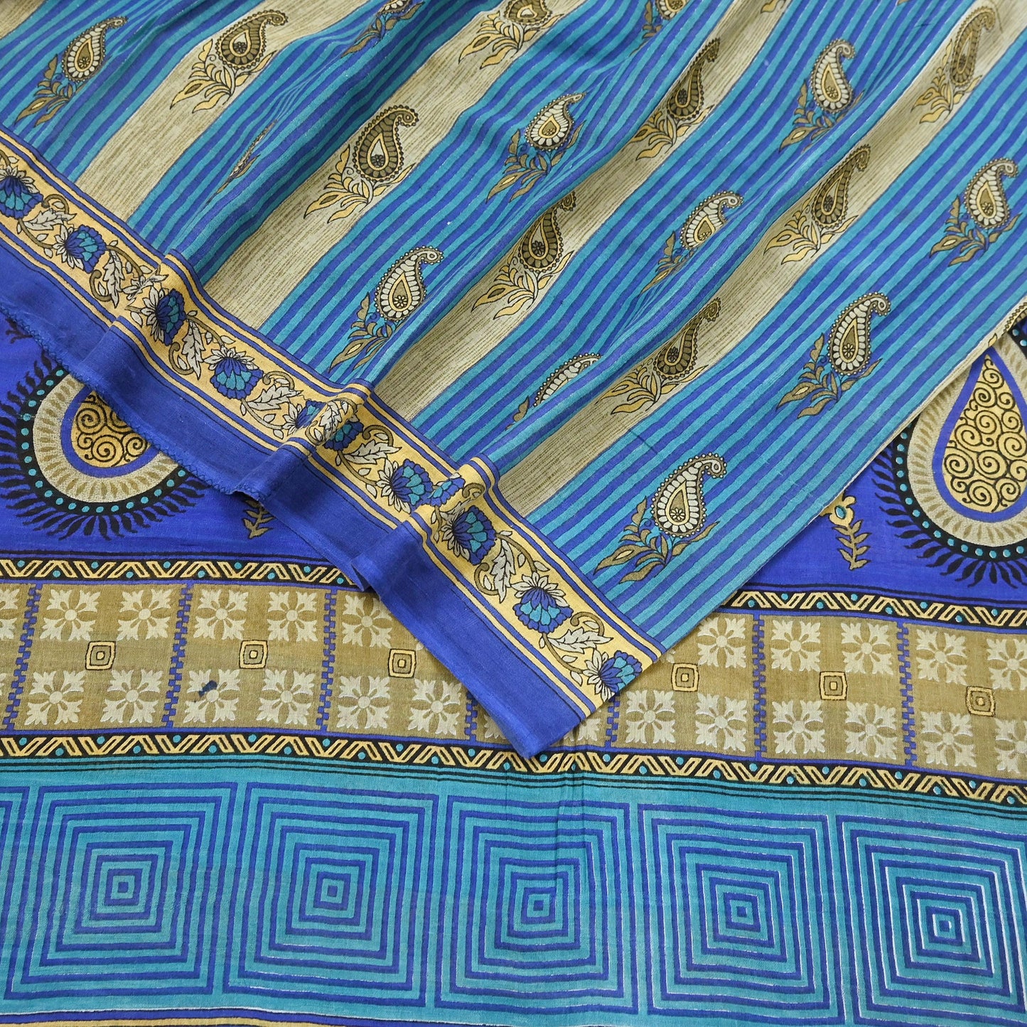 Indian Vintage Sari Blue Printed Pure Cotton Sarees 5Yd Craft Fabric Soft Sewing Sarong Wrap Boho Upcycle quilting Dress making