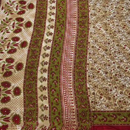 Indian Vintage Sari Green & Beige Printed Sarees 100% Pure Cotton Craft Fabric Soft 5Yd Sewing Sarong Wrap Floral Dress Making Crafting