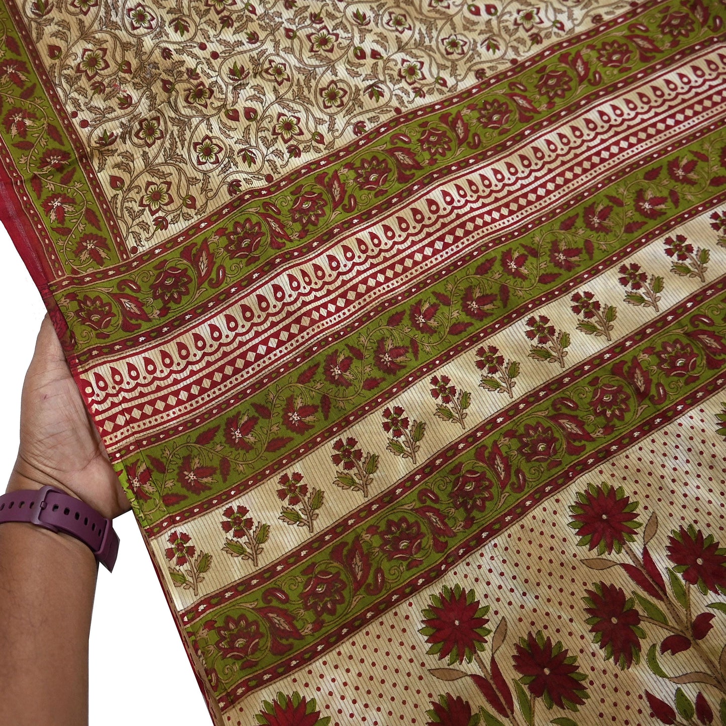 Indian Vintage Sari Green & Beige Printed Sarees 100% Pure Cotton Craft Fabric Soft 5Yd Sewing Sarong Wrap Floral Dress Making Crafting