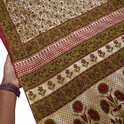 Indian Vintage Sari Green & Beige Printed Sarees 100% Pure Cotton Craft Fabric Soft 5Yd Sewing Sarong Wrap Floral Dress Making Crafting