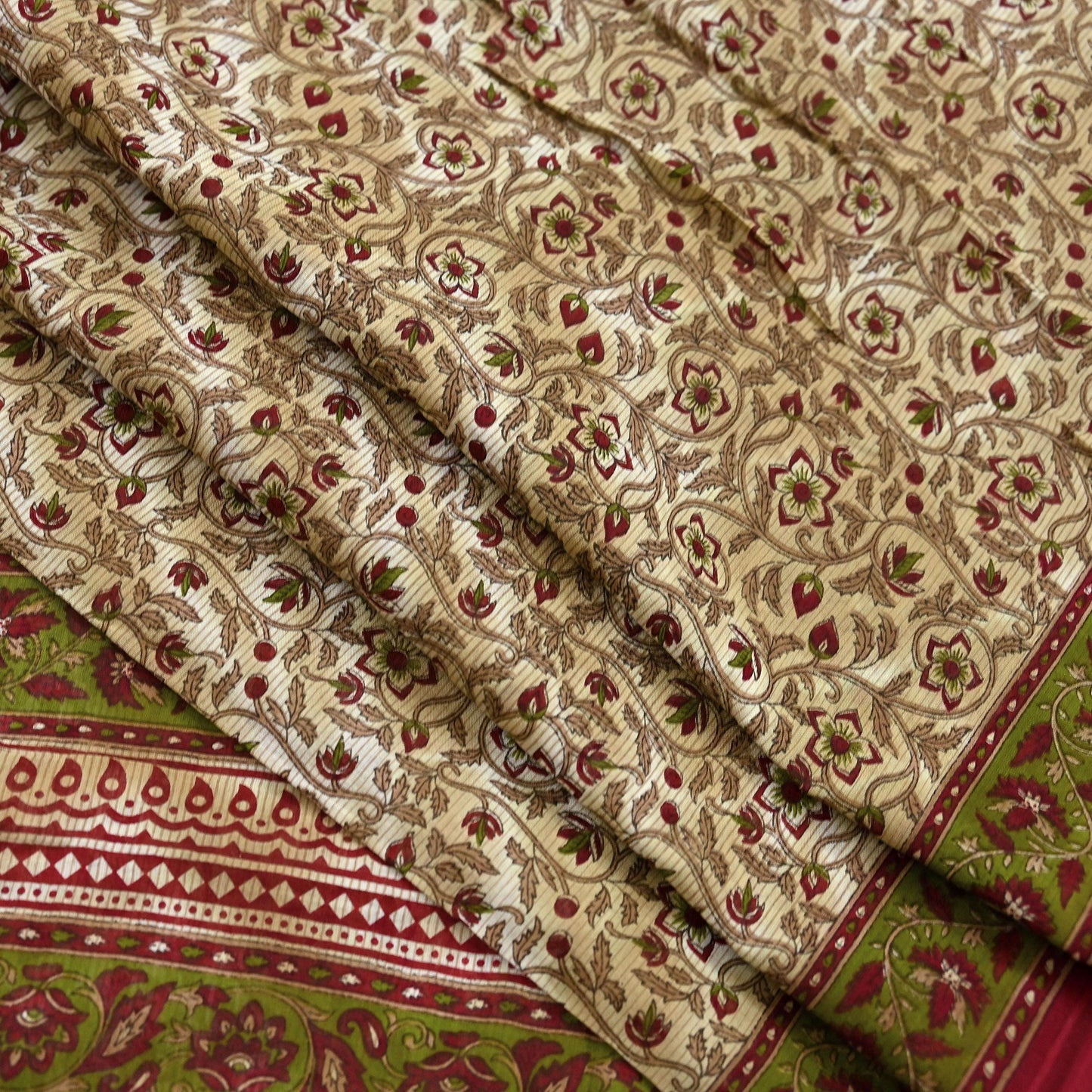 Indian Vintage Sari Green & Beige Printed Sarees 100% Pure Cotton Craft Fabric Soft 5Yd Sewing Sarong Wrap Floral Dress Making Crafting