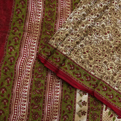 Indian Vintage Sari Green & Beige Printed Sarees 100% Pure Cotton Craft Fabric Soft 5Yd Sewing Sarong Wrap Floral Dress Making Crafting