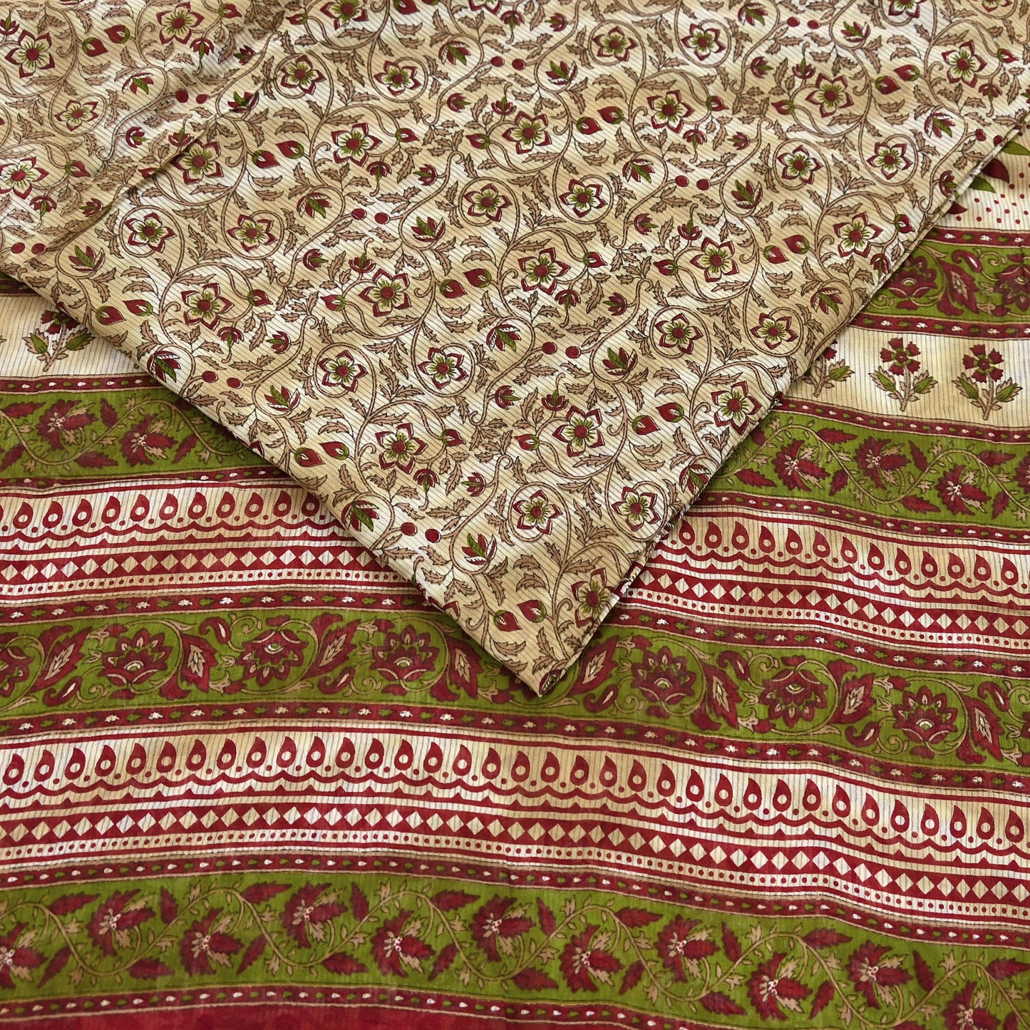 Indian Vintage Sari Green & Beige Printed Sarees 100% Pure Cotton Craft Fabric Soft 5Yd Sewing Sarong Wrap Floral Dress Making Crafting