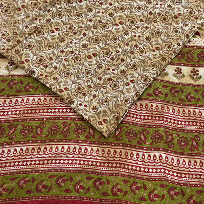Indian Vintage Sari Green & Beige Printed Sarees 100% Pure Cotton Craft Fabric Soft 5Yd Sewing Sarong Wrap Floral Dress Making Crafting