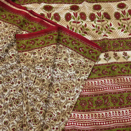 Indian Vintage Sari Green & Beige Printed Sarees 100% Pure Cotton Craft Fabric Soft 5Yd Sewing Sarong Wrap Floral Dress Making Crafting