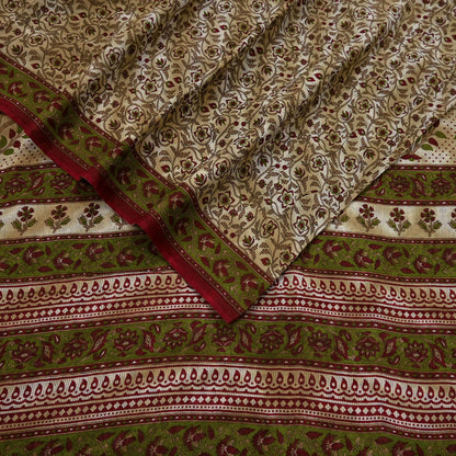 Indian Vintage Sari Green & Beige Printed Sarees 100% Pure Cotton Craft Fabric Soft 5Yd Sewing Sarong Wrap Floral Dress Making Crafting