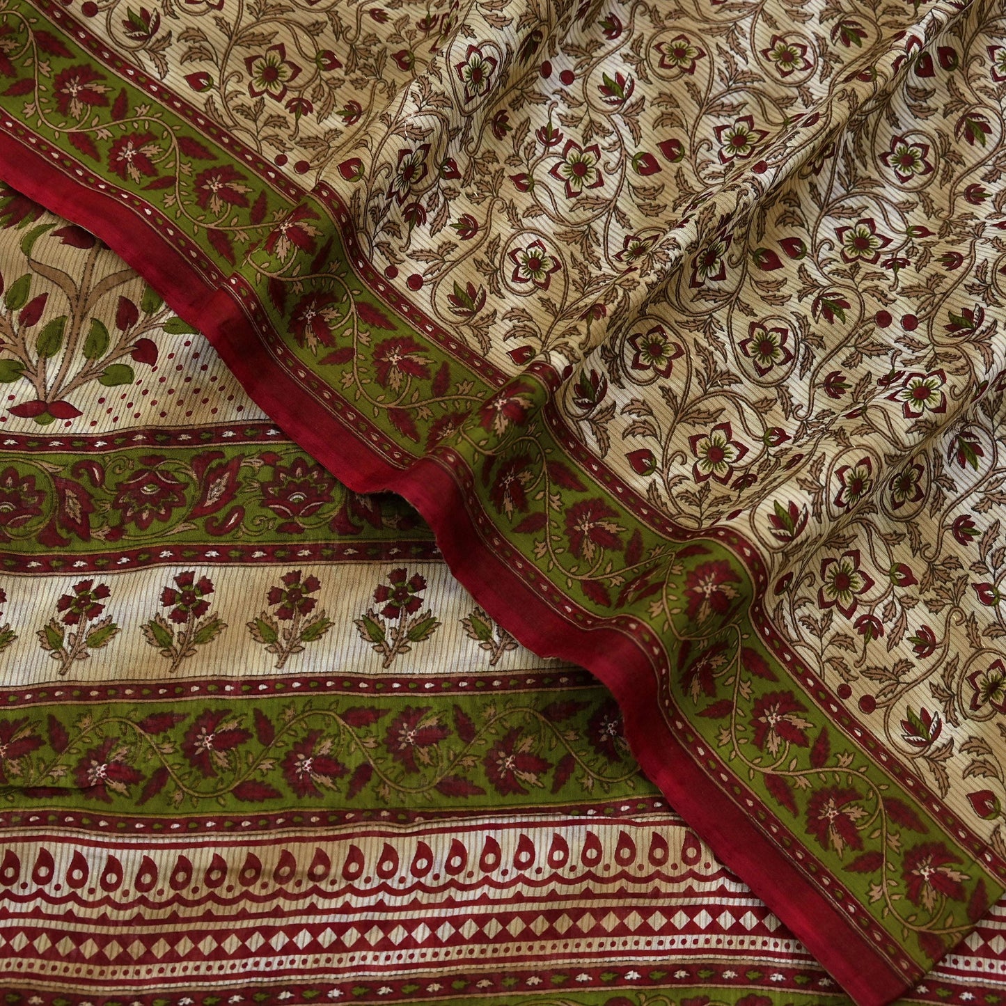 Indian Vintage Sari Green & Beige Printed Sarees 100% Pure Cotton Craft Fabric Soft 5Yd Sewing Sarong Wrap Floral Dress Making Crafting