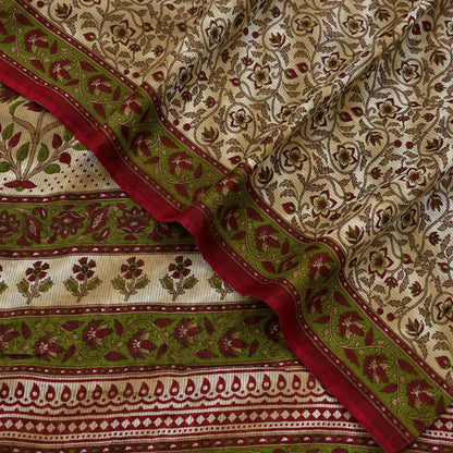 Indian Vintage Sari Green & Beige Printed Sarees 100% Pure Cotton Craft Fabric Soft 5Yd Sewing Sarong Wrap Floral Dress Making Crafting