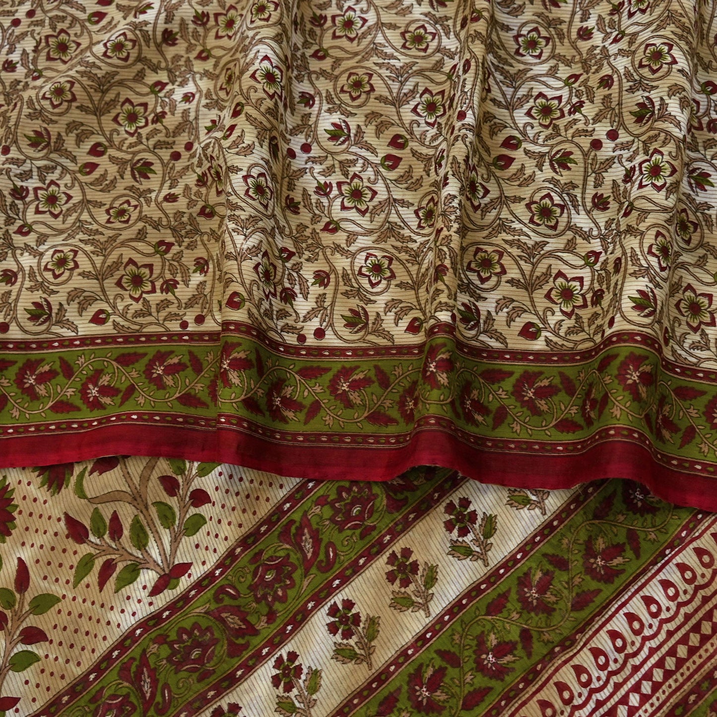Indian Vintage Sari Green & Beige Printed Sarees 100% Pure Cotton Craft Fabric Soft 5Yd Sewing Sarong Wrap Floral Dress Making Crafting