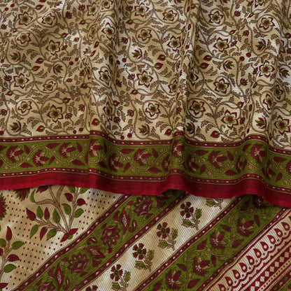 Indian Vintage Sari Green & Beige Printed Sarees 100% Pure Cotton Craft Fabric Soft 5Yd Sewing Sarong Wrap Floral Dress Making Crafting