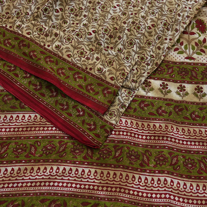Indian Vintage Sari Green & Beige Printed Sarees 100% Pure Cotton Craft Fabric Soft 5Yd Sewing Sarong Wrap Floral Dress Making Crafting