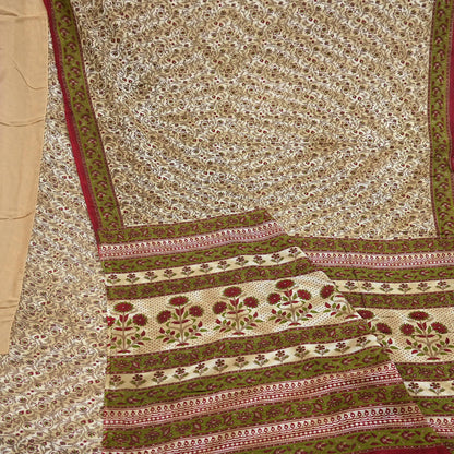 Indian Vintage Sari Green & Beige Printed Sarees 100% Pure Cotton Craft Fabric Soft 5Yd Sewing Sarong Wrap Floral Dress Making Crafting