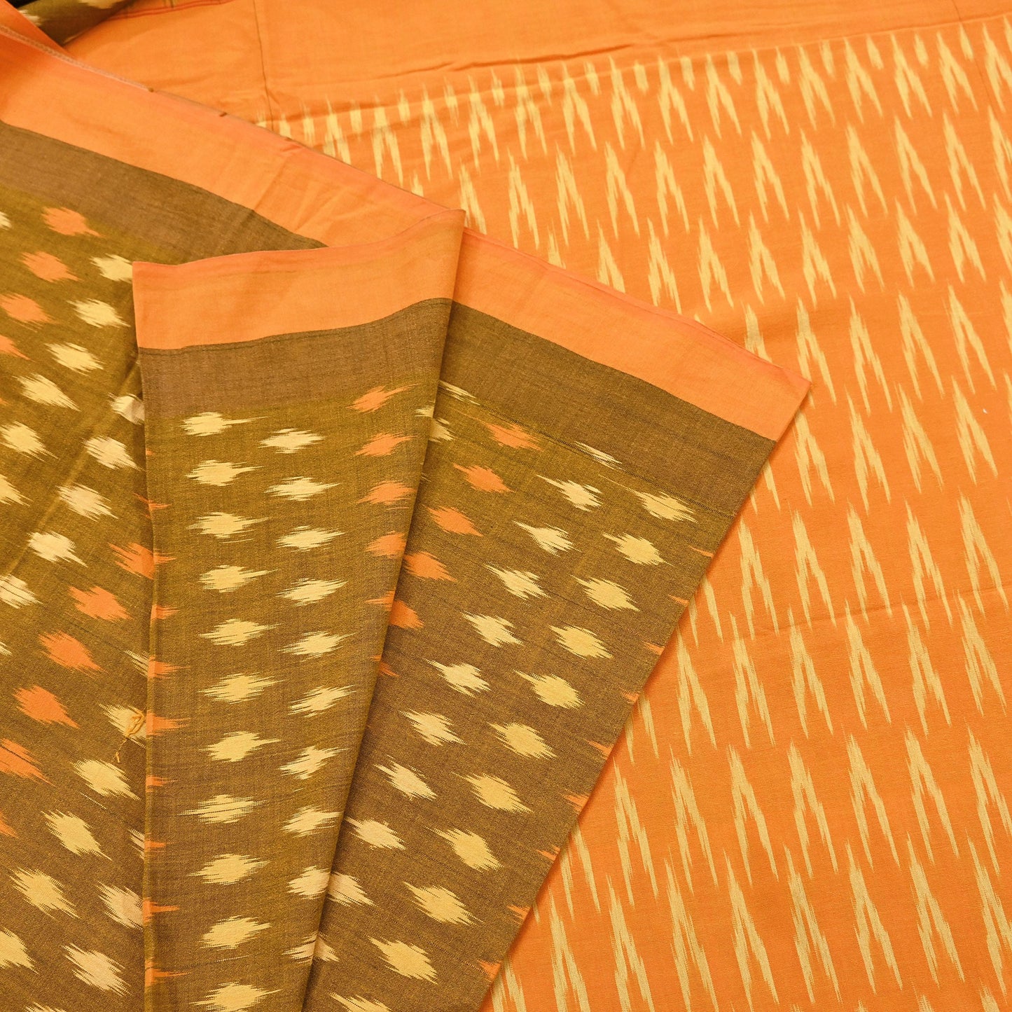 Indian Vintage Orange & Black Saree Pure Cotton Hand woven Sambalpuri Ikat Sari Fabric 5Yard Ethnic