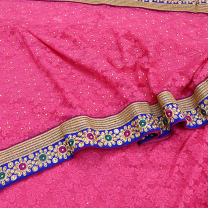 Indian Vintage Sari Pink Net/Mesh Hand Embroidered Sarees 5Yd Ethnic Craft Fabric Sequins Upcycle Dress Making/ Designing Bollywood