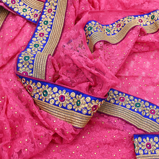 Indian Vintage Sari Pink Net/Mesh Hand Embroidered Sarees 5Yd Ethnic Craft Fabric Sequins Upcycle Dress Making/ Designing Bollywood