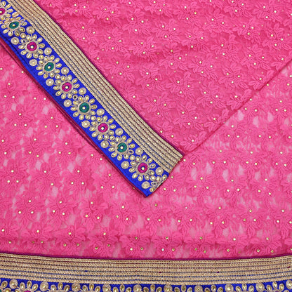 Indian Vintage Sari Pink Net/Mesh Hand Embroidered Sarees 5Yd Ethnic Craft Fabric Sequins Upcycle Dress Making/ Designing Bollywood