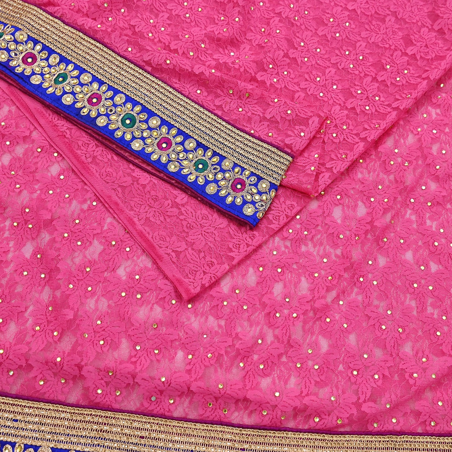 Indian Vintage Sari Pink Net/Mesh Hand Embroidered Sarees 5Yd Ethnic Craft Fabric Sequins Upcycle Dress Making/ Designing Bollywood