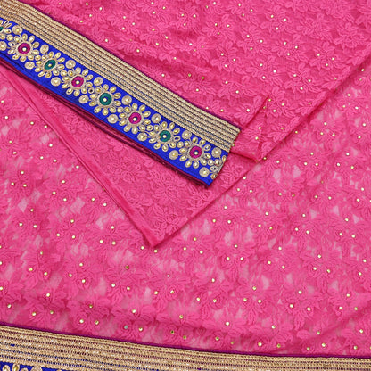 Indian Vintage Sari Pink Net/Mesh Hand Embroidered Sarees 5Yd Ethnic Craft Fabric Sequins Upcycle Dress Making/ Designing Bollywood