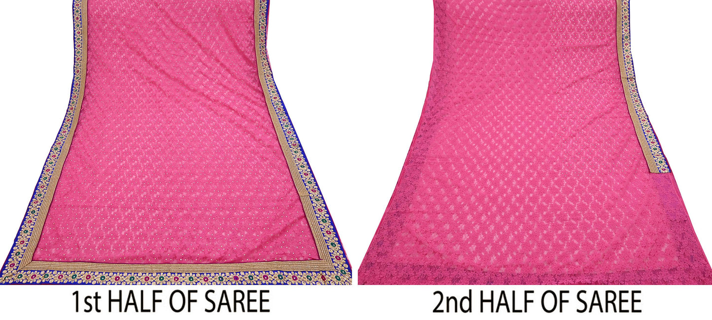 Indian Vintage Sari Pink Net/Mesh Hand Embroidered Sarees 5Yd Ethnic Craft Fabric Sequins Upcycle Dress Making/ Designing Bollywood