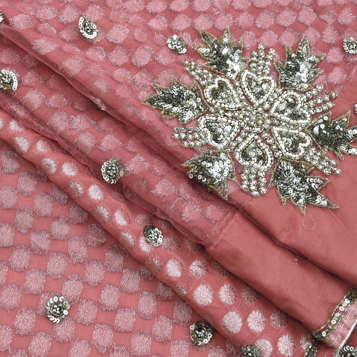 Indian Vintage Sari Pink Pure Georgette /Net Hand Beaded Sarees Fabric 5Yd Sewing Ethnic Dress making Quilting Bollywood