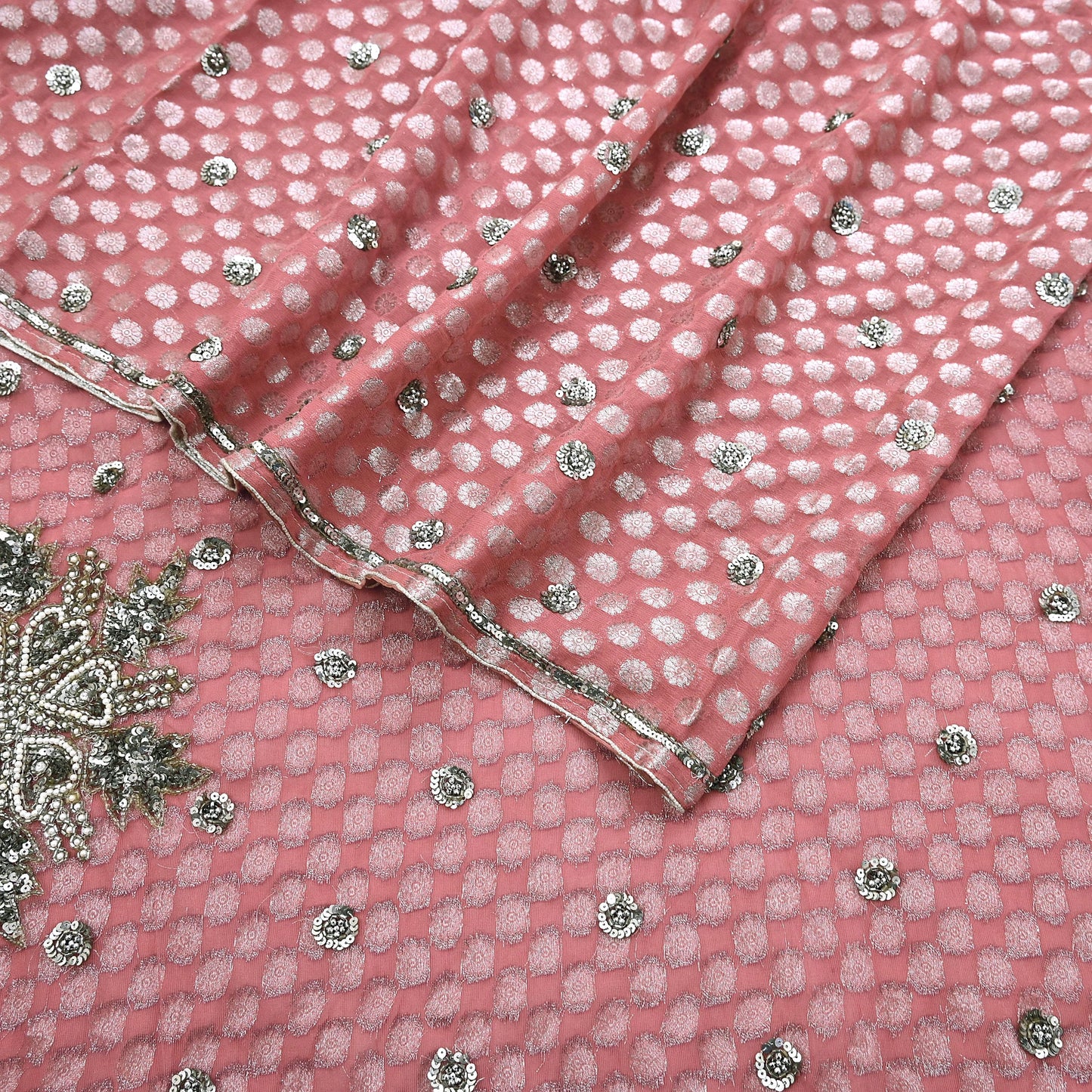 Indian Vintage Sari Pink Pure Georgette /Net Hand Beaded Sarees Fabric 5Yd Sewing Ethnic Dress making Quilting Bollywood