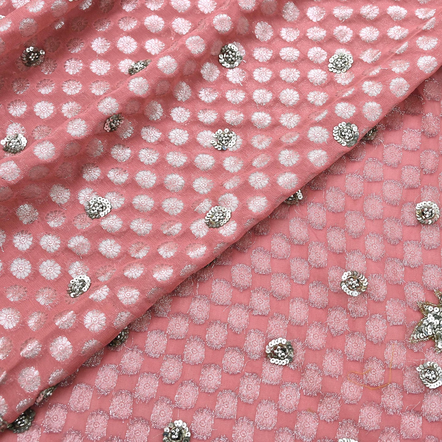 Indian Vintage Sari Pink Pure Georgette /Net Hand Beaded Sarees Fabric 5Yd Sewing Ethnic Dress making Quilting Bollywood