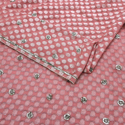 Indian Vintage Sari Pink Pure Georgette /Net Hand Beaded Sarees Fabric 5Yd Sewing Ethnic Dress making Quilting Bollywood