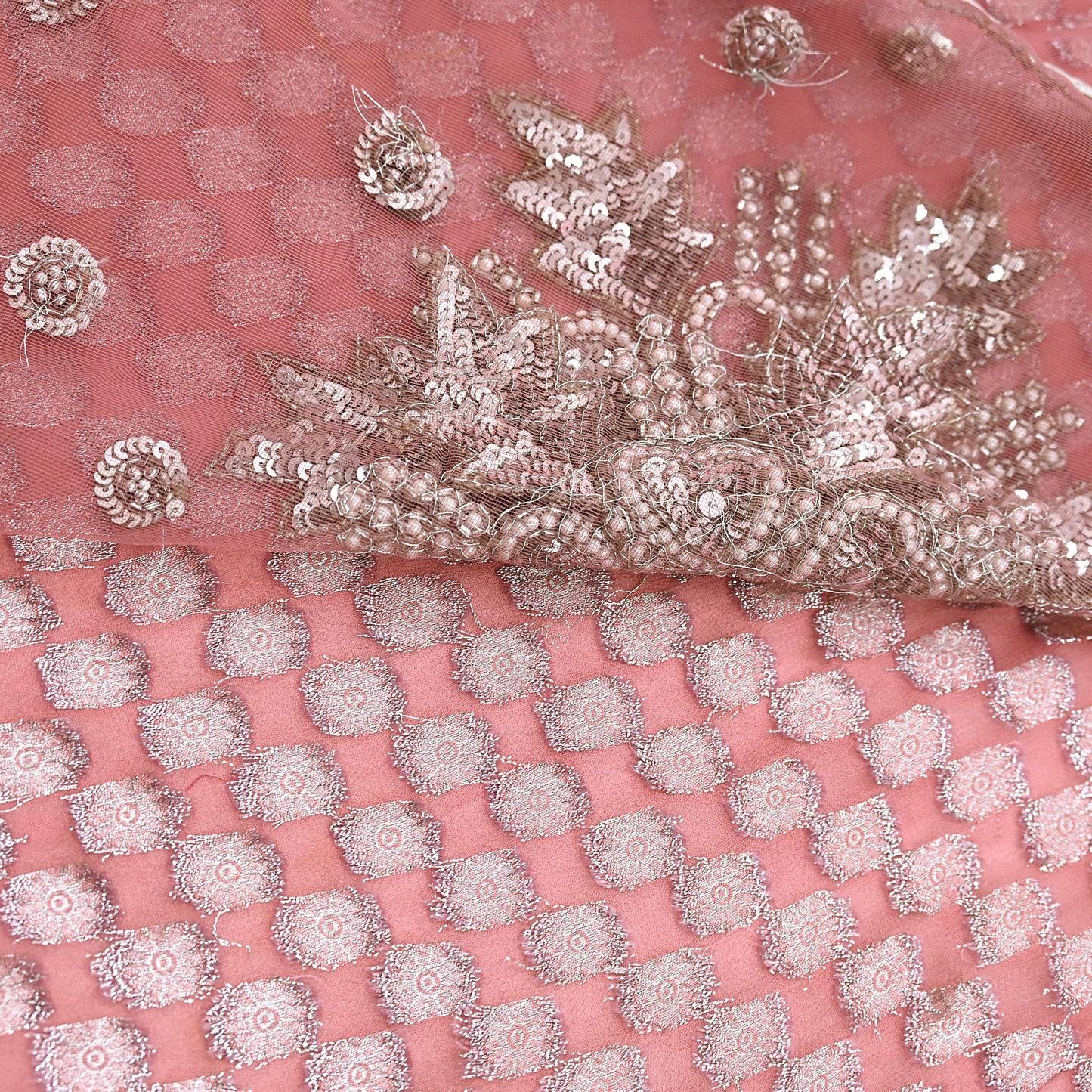 Indian Vintage Sari Pink Pure Georgette /Net Hand Beaded Sarees Fabric 5Yd Sewing Ethnic Dress making Quilting Bollywood