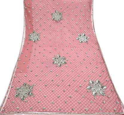 Indian Vintage Sari Pink Pure Georgette /Net Hand Beaded Sarees Fabric 5Yd Sewing Ethnic Dress making Quilting Bollywood