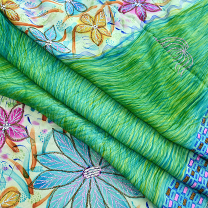 Indian Vintage Sari Pure Crepe Silk Hand Embroidered Saree 5yd Sewing Floral Craft Fabric Sequins Dress making Crafting Quilting