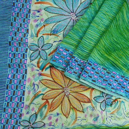 Indian Vintage Sari Pure Crepe Silk Hand Embroidered Saree 5yd Sewing Floral Craft Fabric Sequins Dress making Crafting Quilting