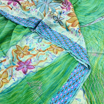 Indian Vintage Sari Pure Crepe Silk Hand Embroidered Saree 5yd Sewing Floral Craft Fabric Sequins Dress making Crafting Quilting