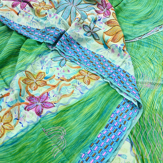 Indian Vintage Sari Pure Crepe Silk Hand Embroidered Saree 5yd Sewing Floral Craft Fabric Sequins Dress making Crafting Quilting